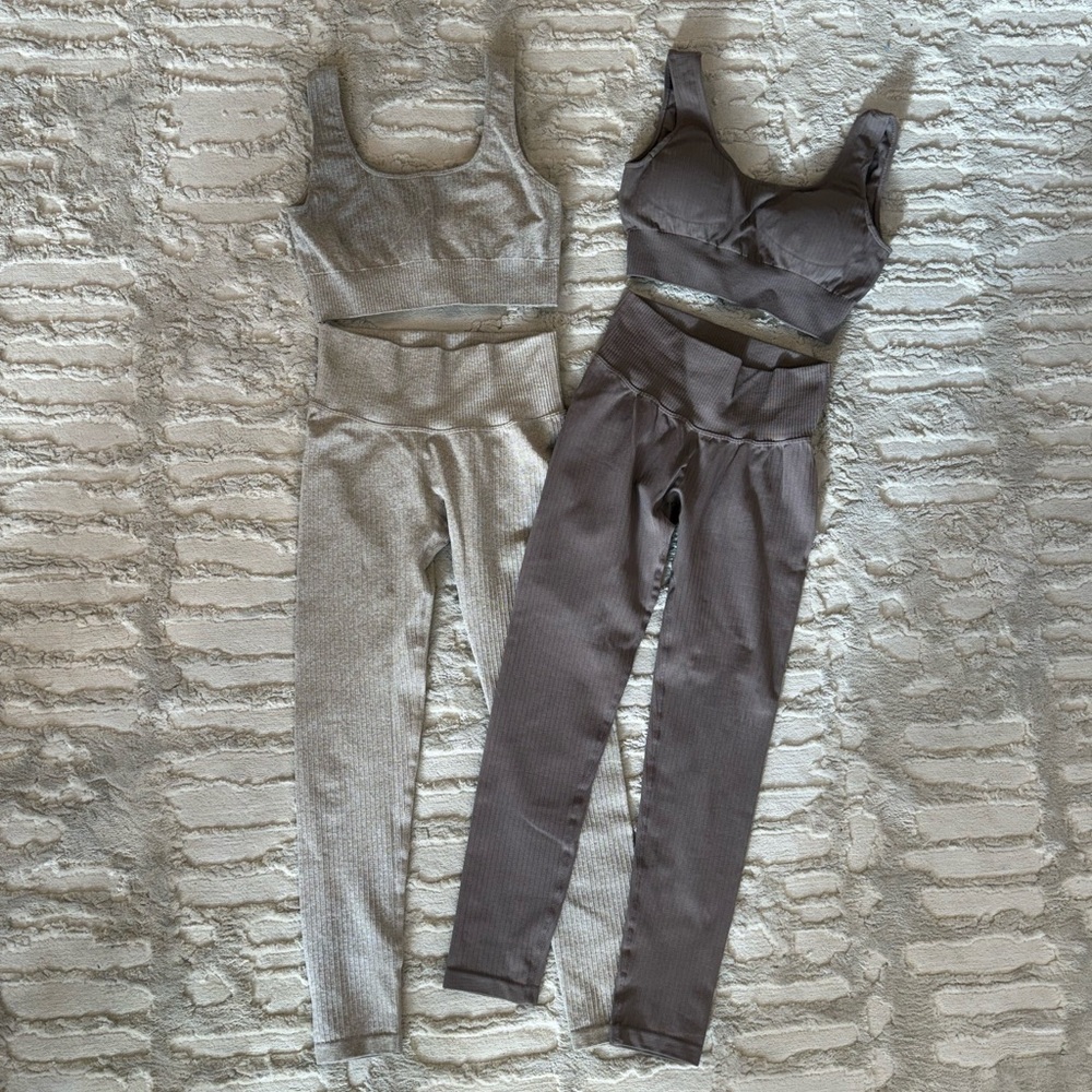 Two Two-Piece Ribbed Activewear Sets in Beige and Brown